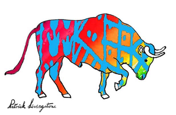 Bull watercolor drawing red blue by Patrick Livingstone